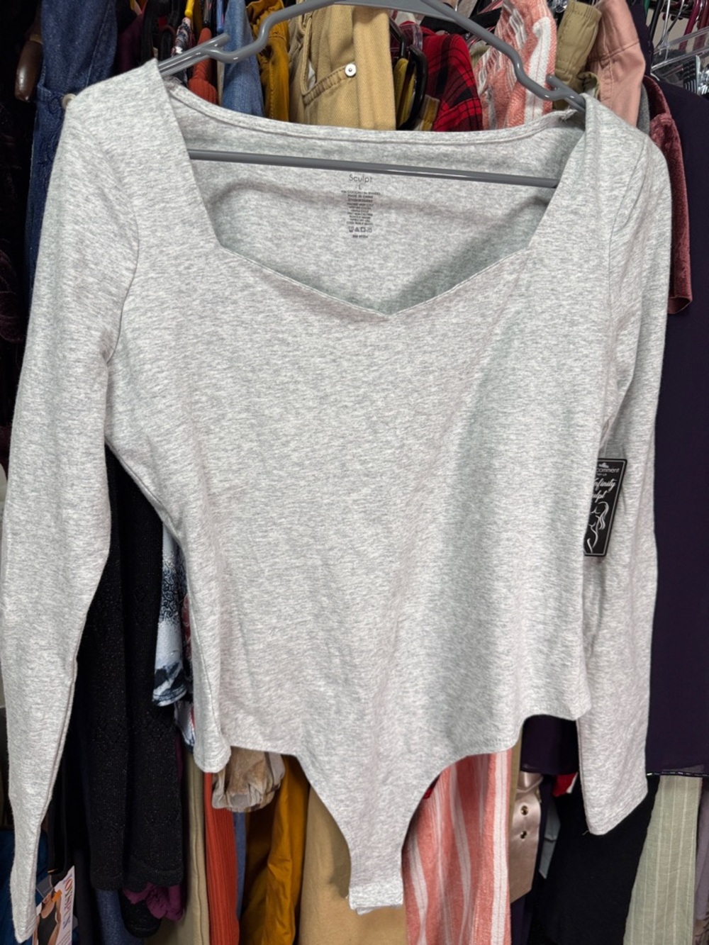 No Comment Light Heather Gray Long-Sleeve Square-Neck Bodysuit NWT